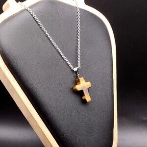 925 Silver Necklace W/ Stone Cross Gold Tiger's Eye Anniversary Birthday Gift